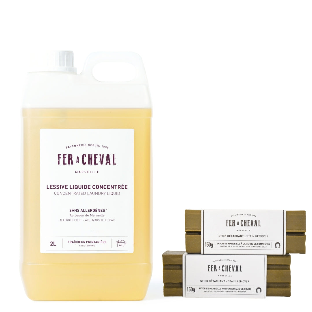 Trio Linge Propre au Naturel : Lessive 2L + 2 Sticks Détachants - Savonnerie Fer à Cheval