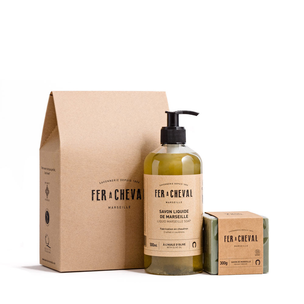 Duo Savons de Marseille Pur Olive - 500ml liquide et cube 300g - Savonnerie Fer à Cheval