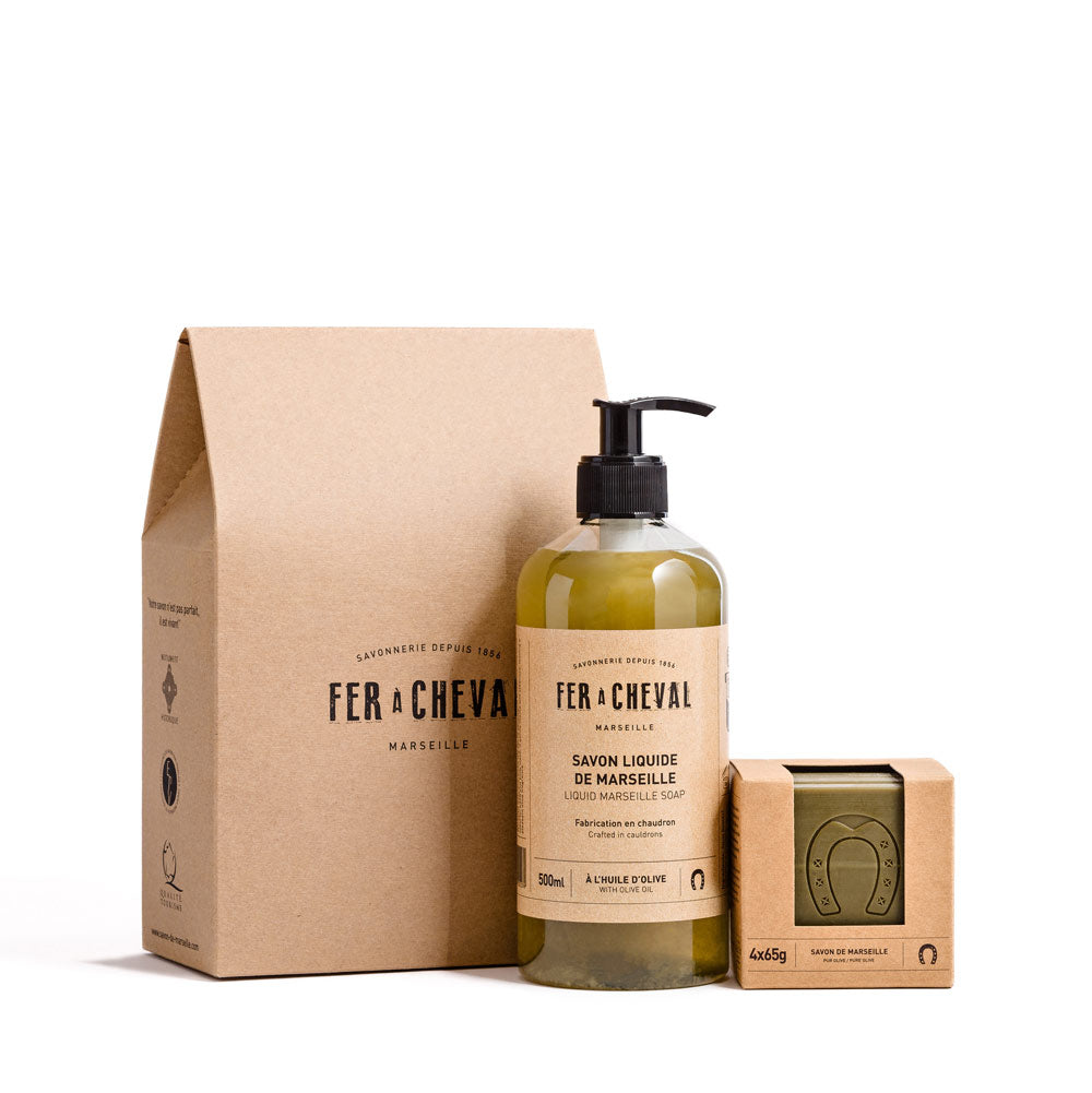 Duo Savons de Marseille Pur Olive - 500 ml liquide et cube tranché 4x65g - Savonnerie Fer à Cheval