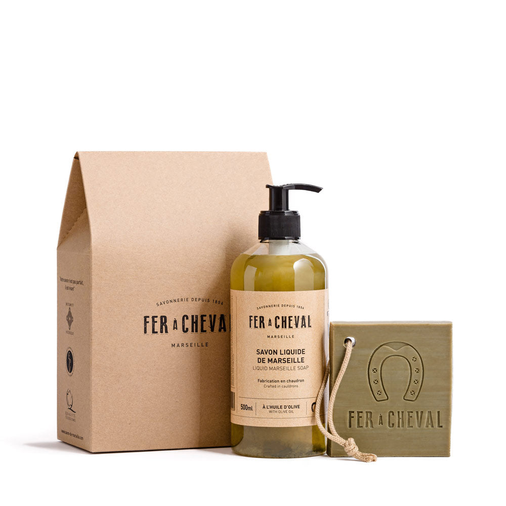 Duo Savons de Marseille Pur Olive - 500ml liquide et tranche 125g - Savonnerie Fer à Cheval