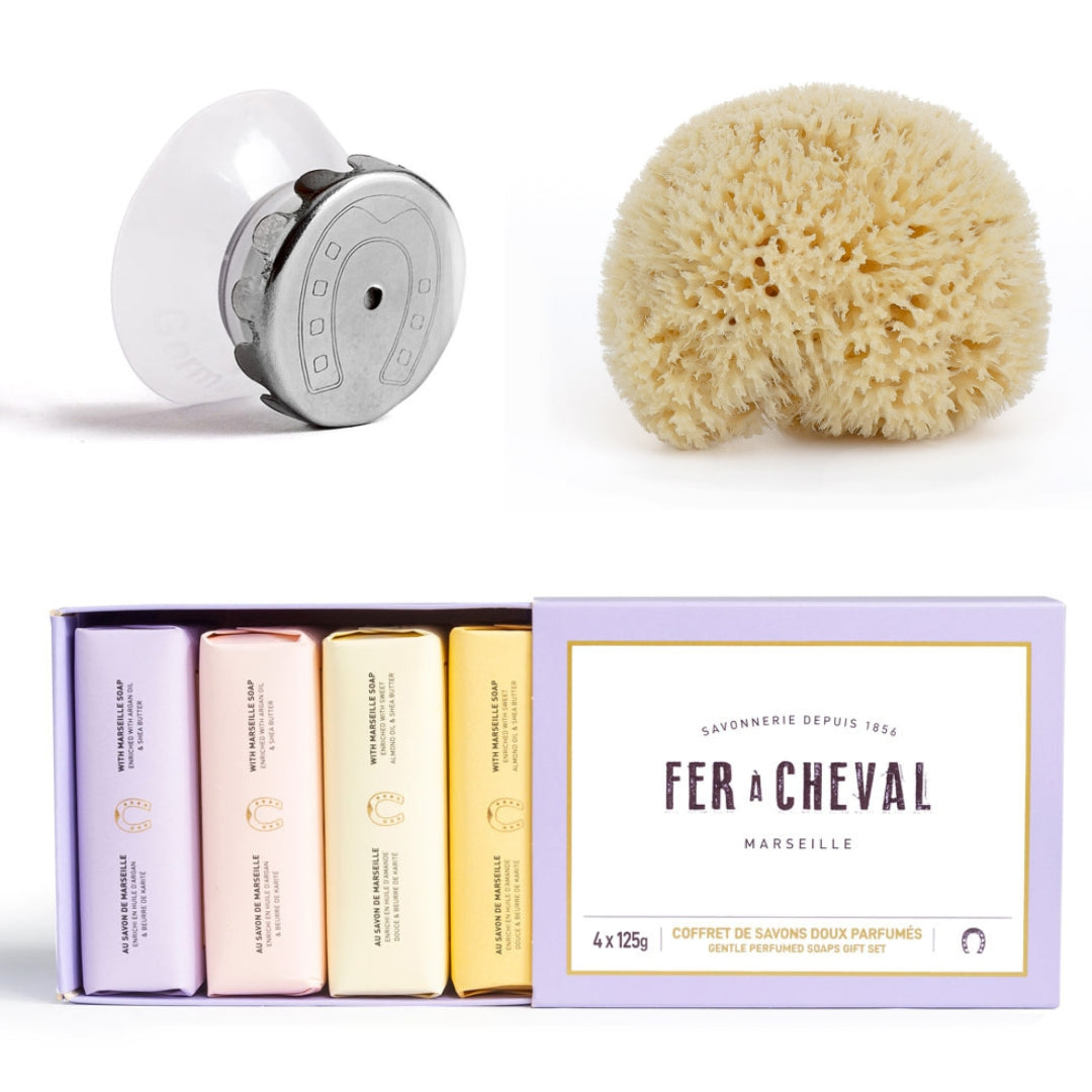 Trio Douche Solide : Coffret 4 Savon Doux, éponge naturelle et Porte Savon - Savonnerie Fer à Cheval